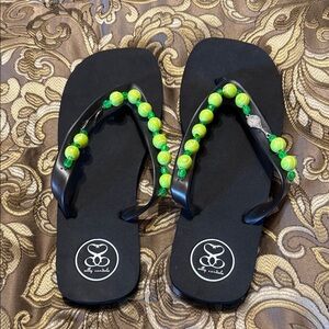 Silly Sandal Black Flip Flops with Green Tennis Ball Beads